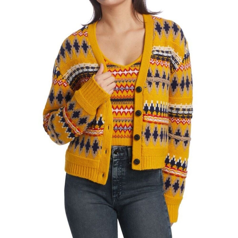 Rag and Bone Willow Fair Isle Wool Cardigan Sweater Yellow Multi Nordic